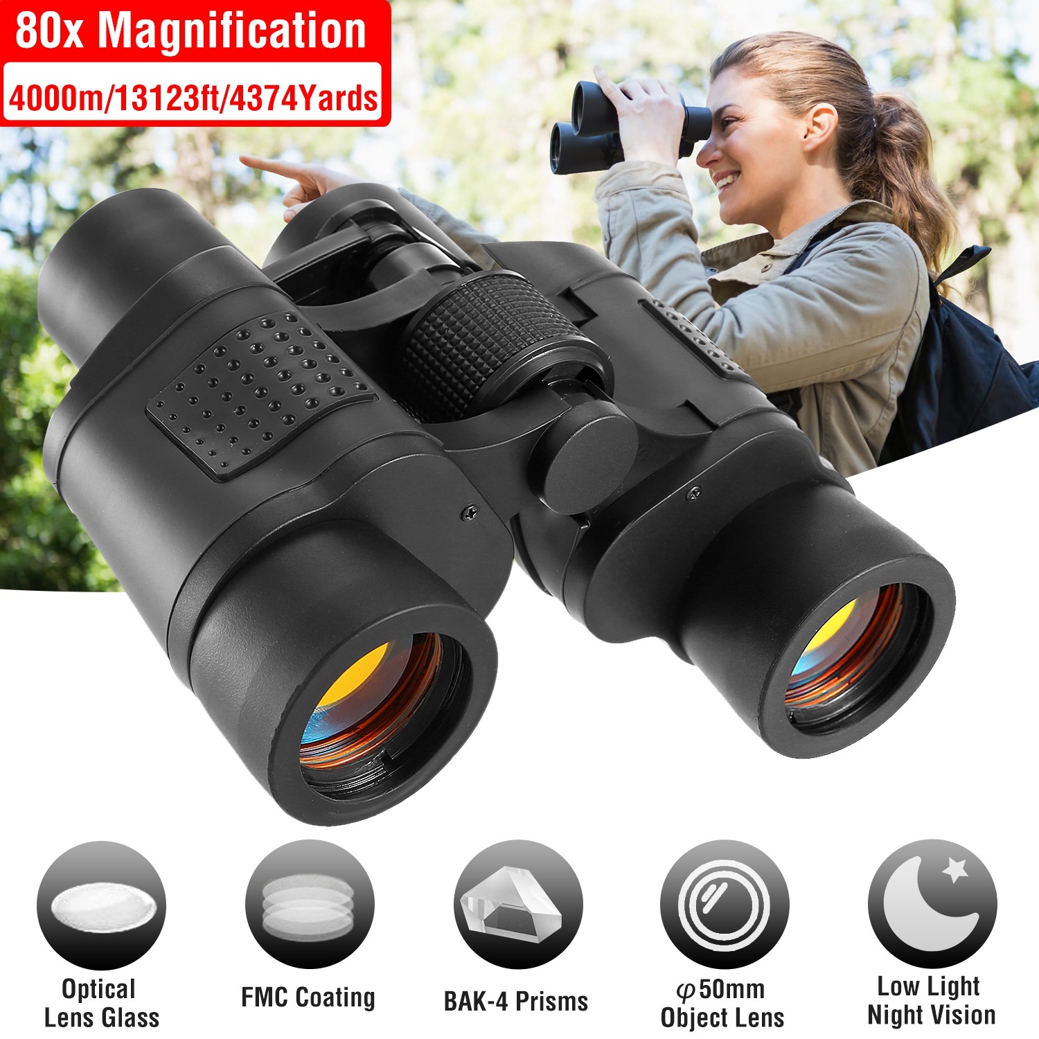 Portable HD Binoculars With FMC Lens Low Light Night Vision Telescope For Bird Watching Hunting Sports Events Concerts Adventure With Shoulder Strap Bag - Image 7