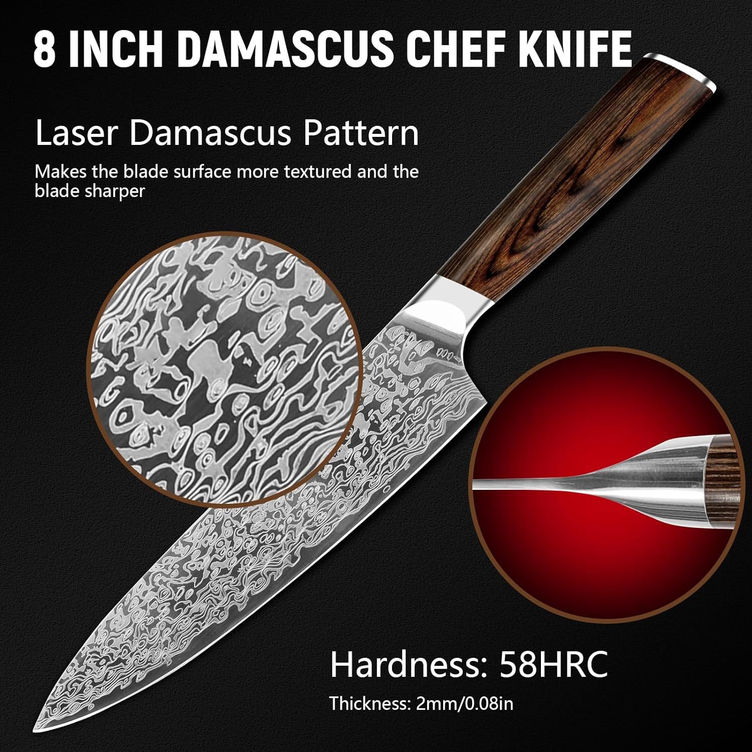 Japanese Vanadium Steel Chef Knife, 7.8 INCH Sharp Kitchen Knives With Laser Pattern And Rosewood Handle - Image 7
