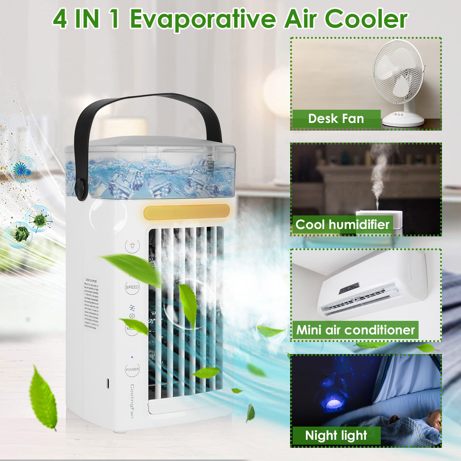 4 In 1 Portable Air Conditioner Fan Evaporative Air Cooler Water Mist Cooling Fan For Desktop 3 Speeds Nightlight - Image 4