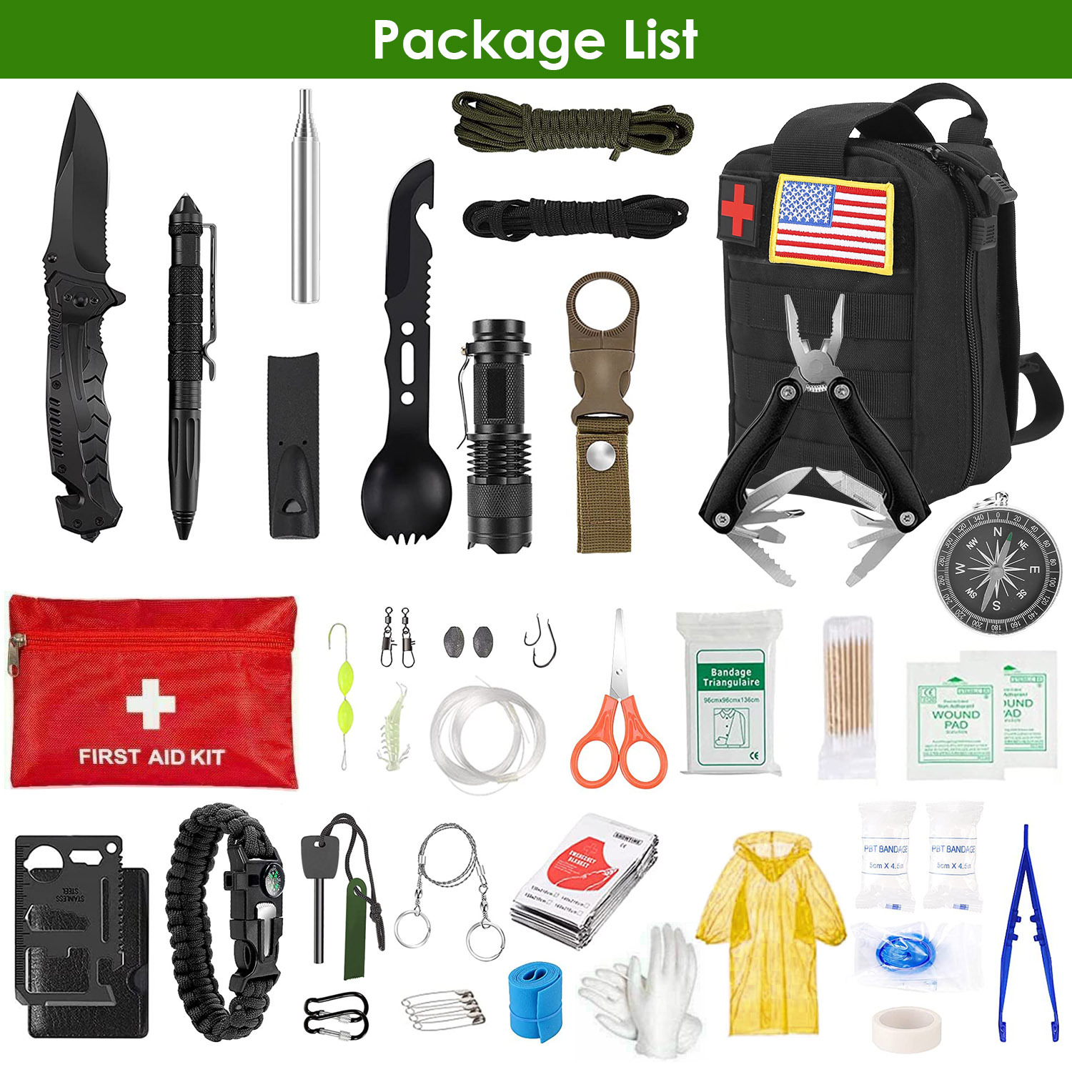 47Pcs Emergency Survival Kit Survival EDC Gear Equipment Tool First Aid Supplies Kit Tools With Pouch For Hiking Hunting Disaster Camping Adventure - Image 4